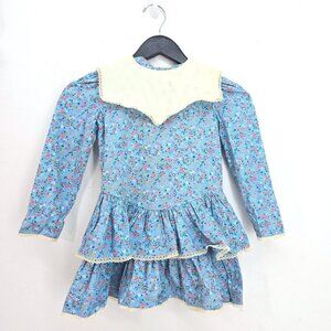 VTG 70's 80's Blue Floral Prairie Cottagecore Tiered Dress Girls Size 4/5